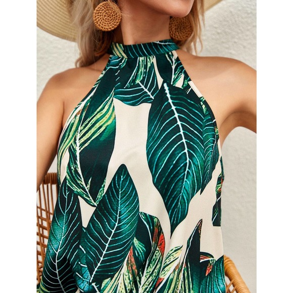 Tropical leaf Print halter high neck mini Dress green - Picture 3 of 7